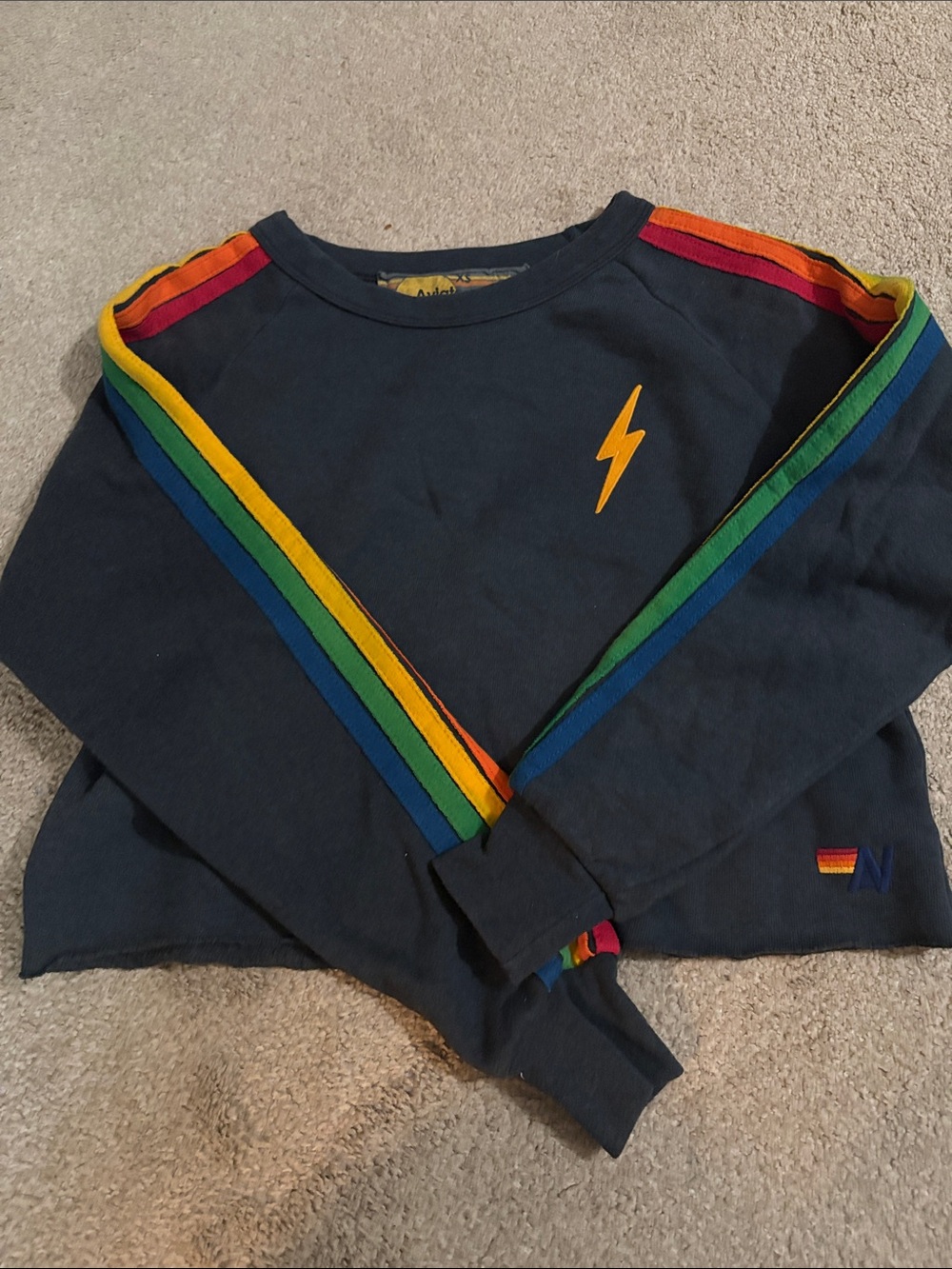 Aviator Nation Navy Kids Sweatshirt with Rainbow Stripes & Yellow Lightning